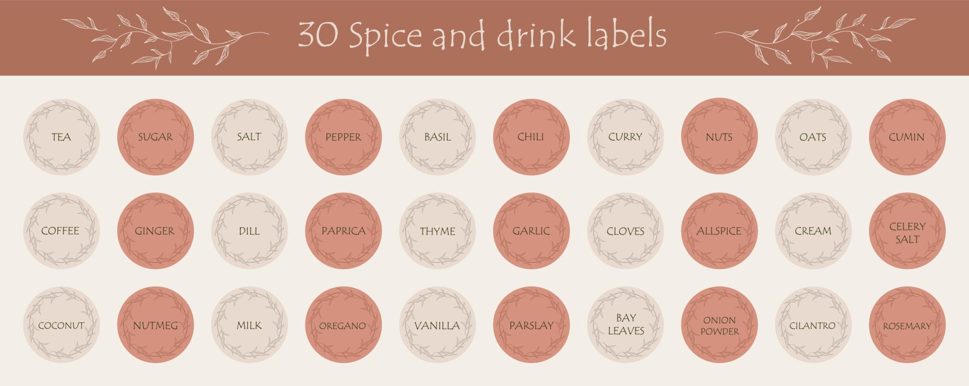 Pantry spice jar seasoning label sticker organizer set. For marking kitchen food containers with spices. vector