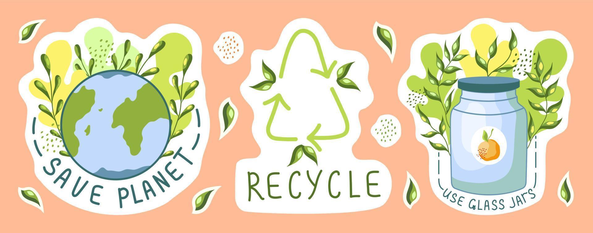 Ecological stickers. Environment protection, sustainability concept. Recycle, save the planet, and use glass jars. Reuse. vector