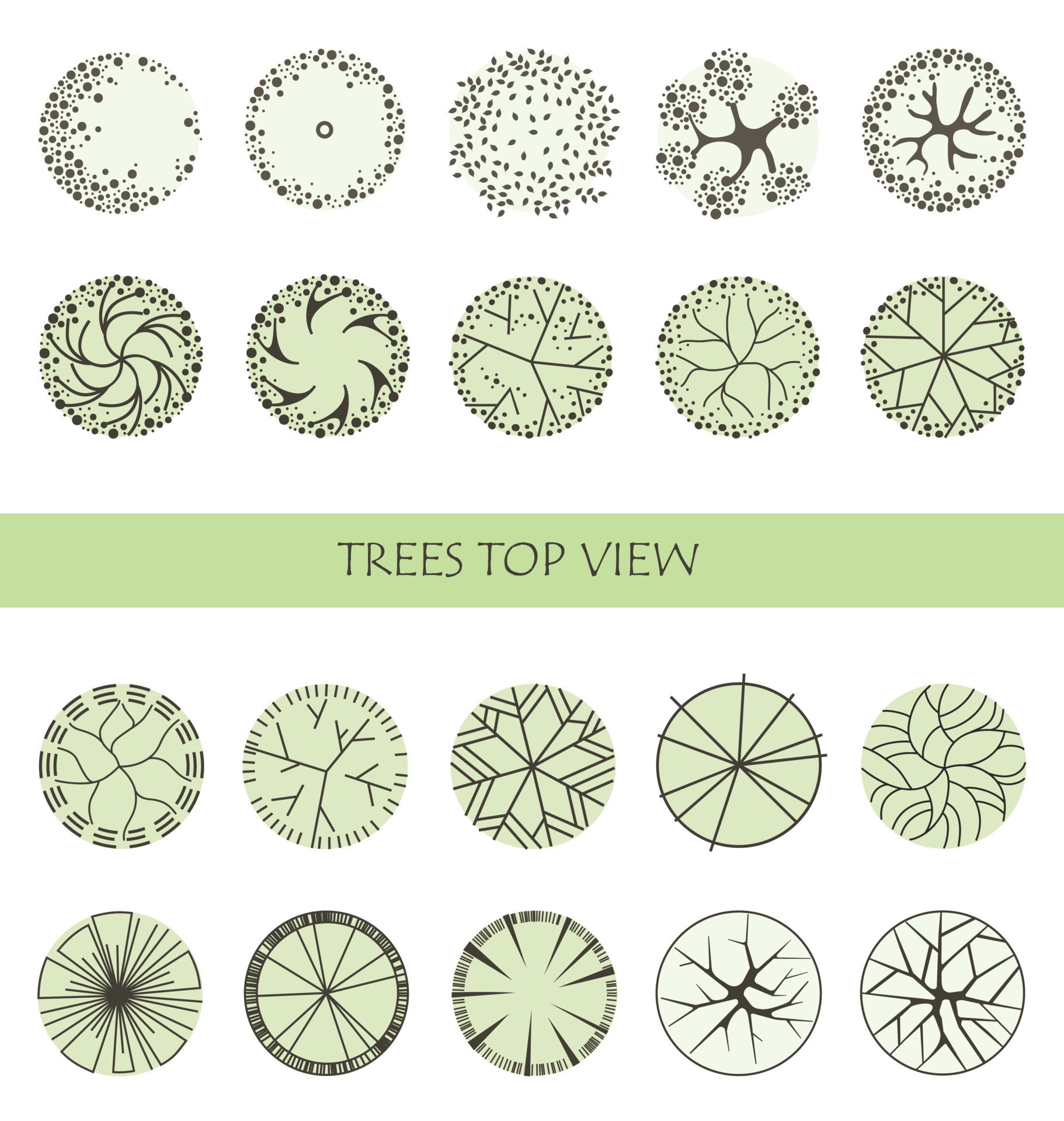 Tree for architectural floor plans. Entourage design. Various trees, bushes, and shrubs, top