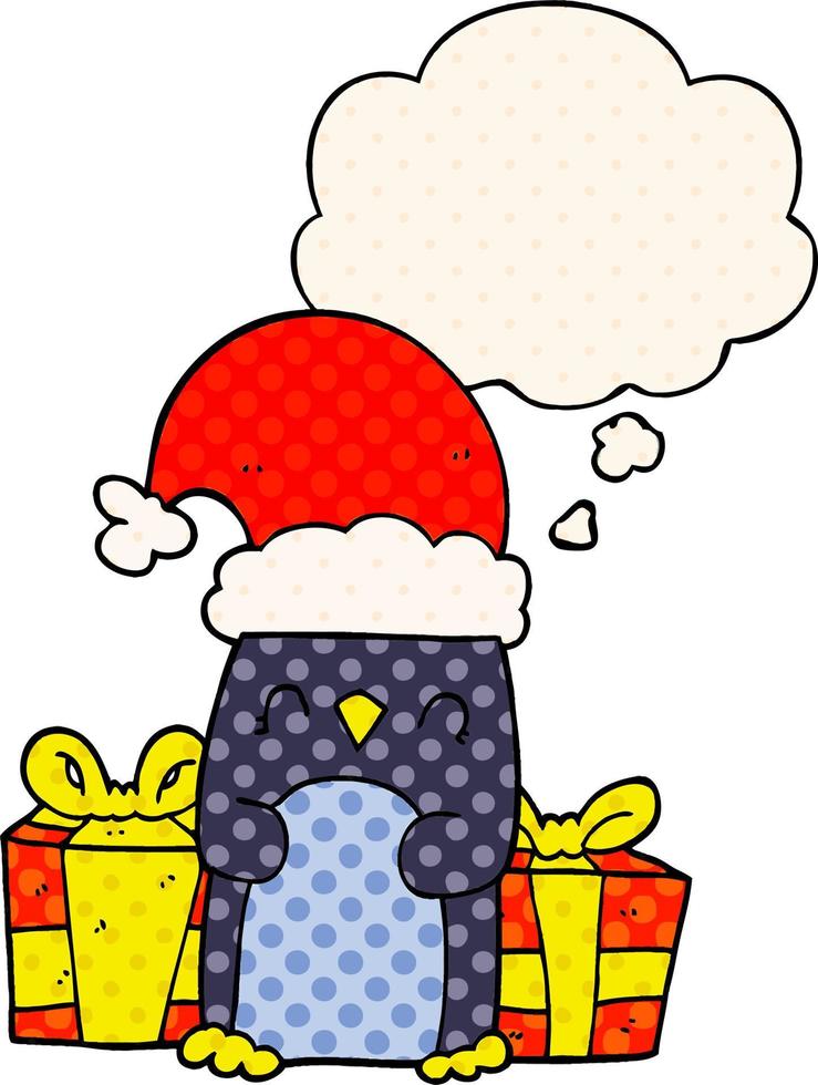 cute christmas penguin and thought bubble in comic book style vector