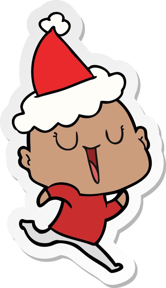 happy sticker cartoon of a bald man wearing santa hat vector