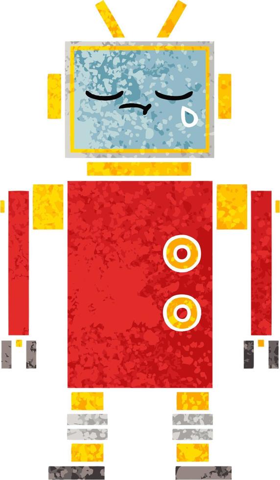 retro illustration style cartoon crying robot vector