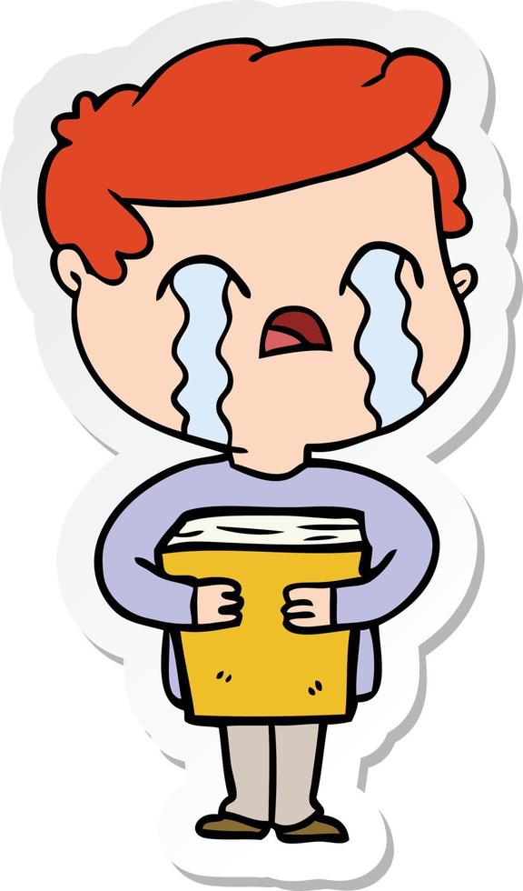 sticker of a cartoon man crying holding book vector