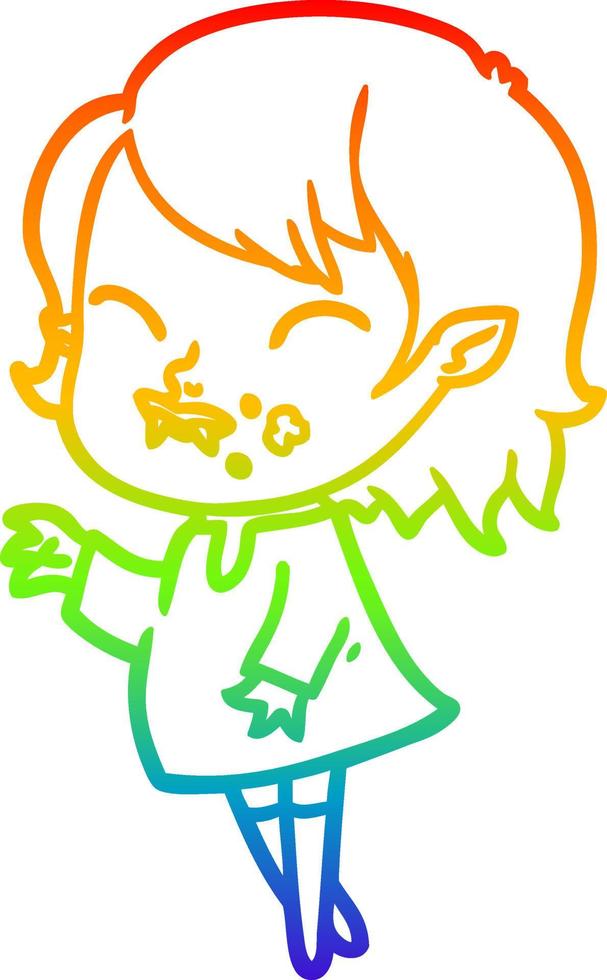 rainbow gradient line drawing cartoon vampire girl with blood on cheek vector