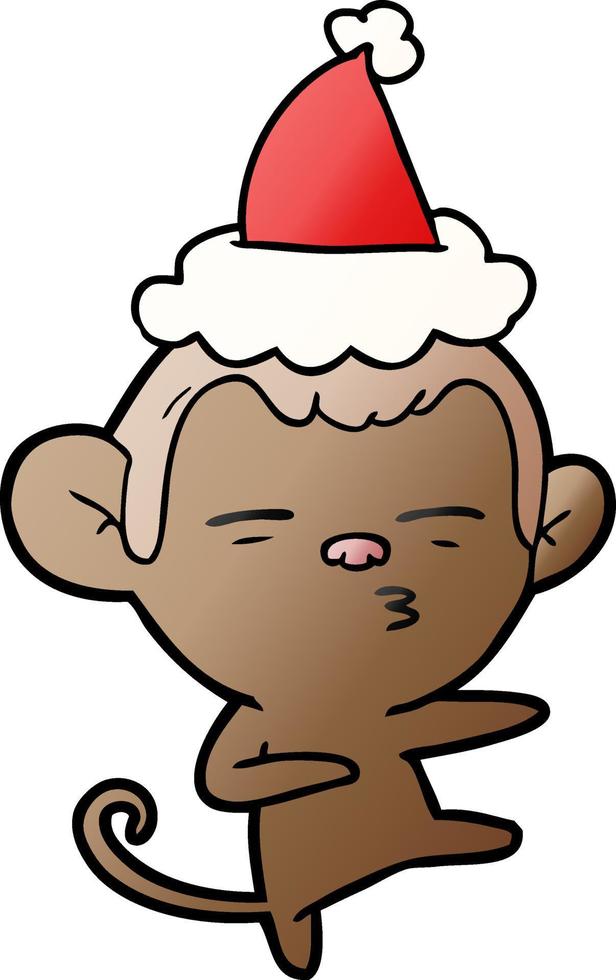 gradient cartoon of a suspicious monkey wearing santa hat vector