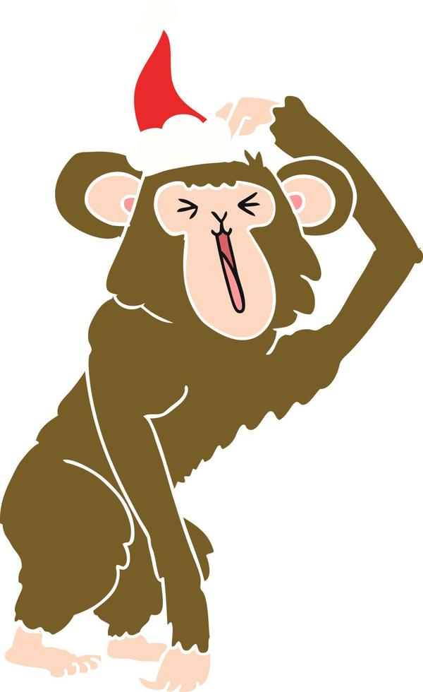 flat color illustration of a chimp scratching head wearing santa hat vector