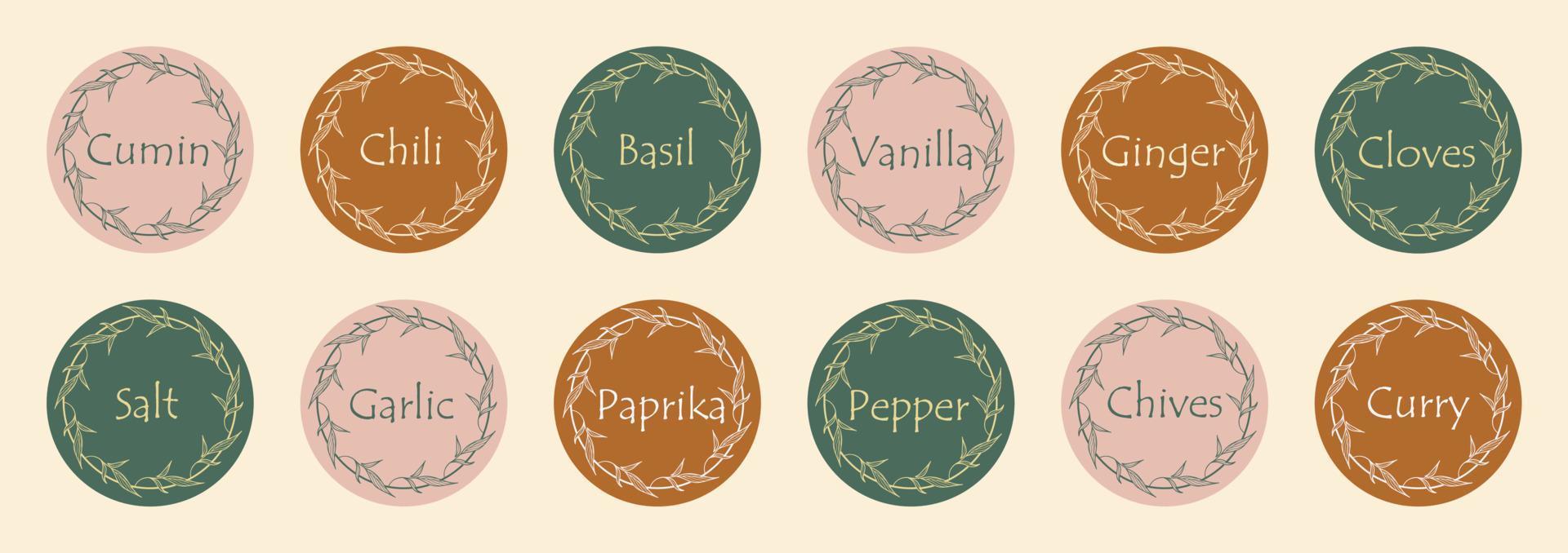 Pantry spice jar seasoning label sticker organizer set. For marking kitchen food containers with spices. vector