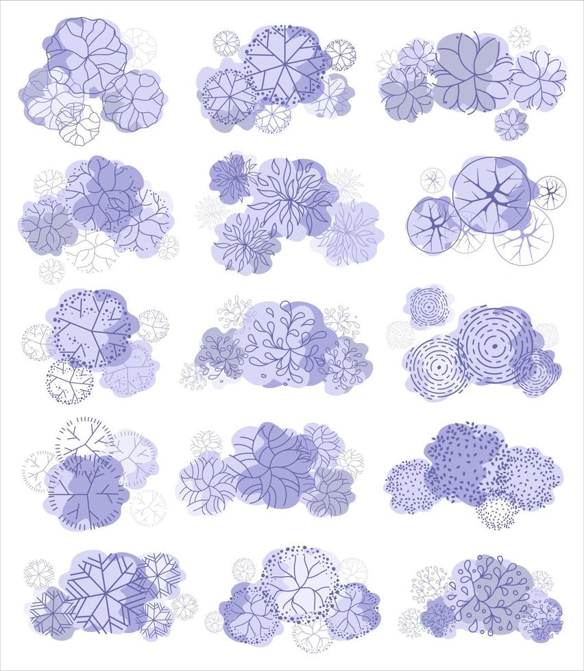 Tree for architectural floor plans. Entourage design. Various trees, bushes, and shrubs, top view for the landscape design plan. vector