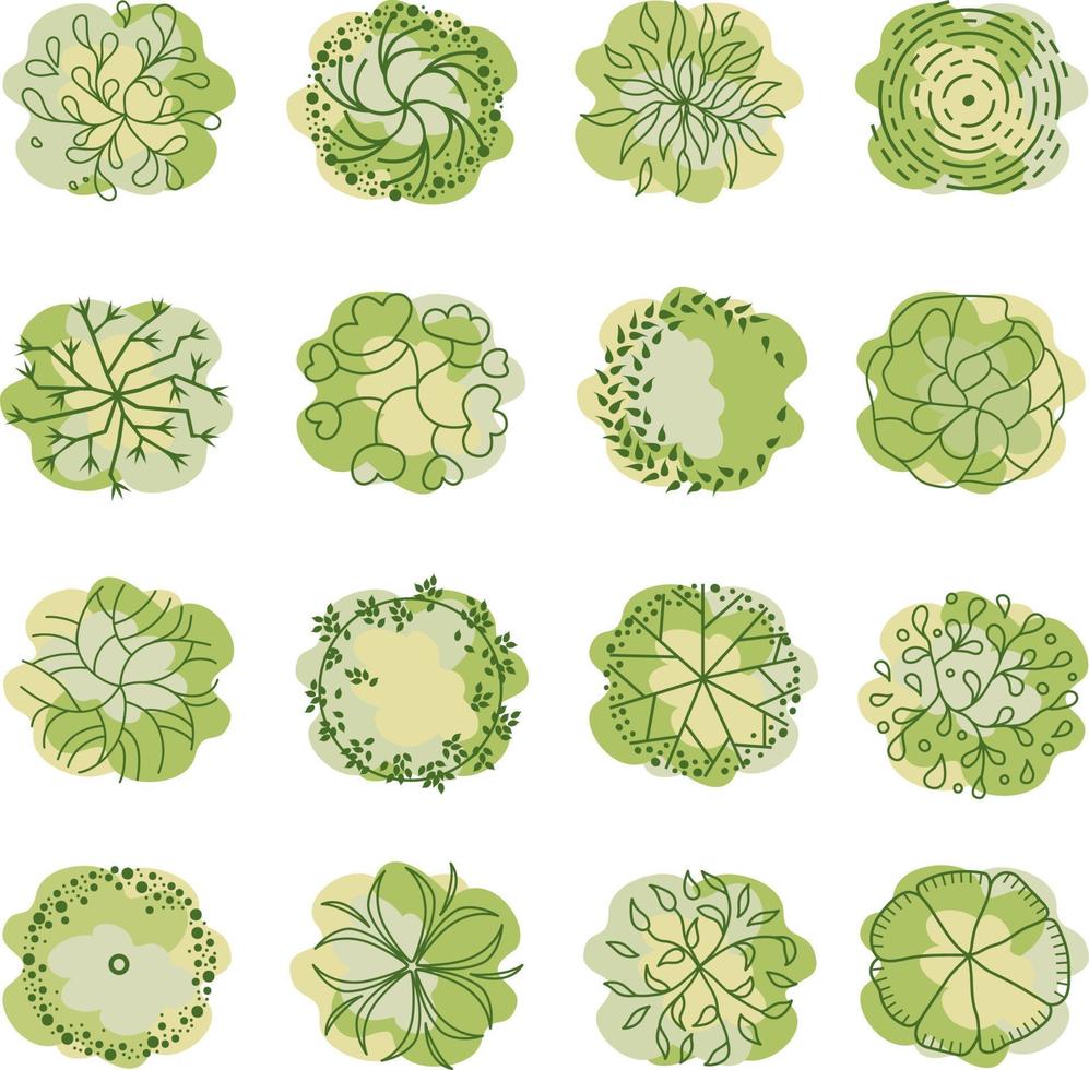 Tree for architectural floor plans. Entourage design. Various trees, bushes, and shrubs, top view for the landscape design plan. vector