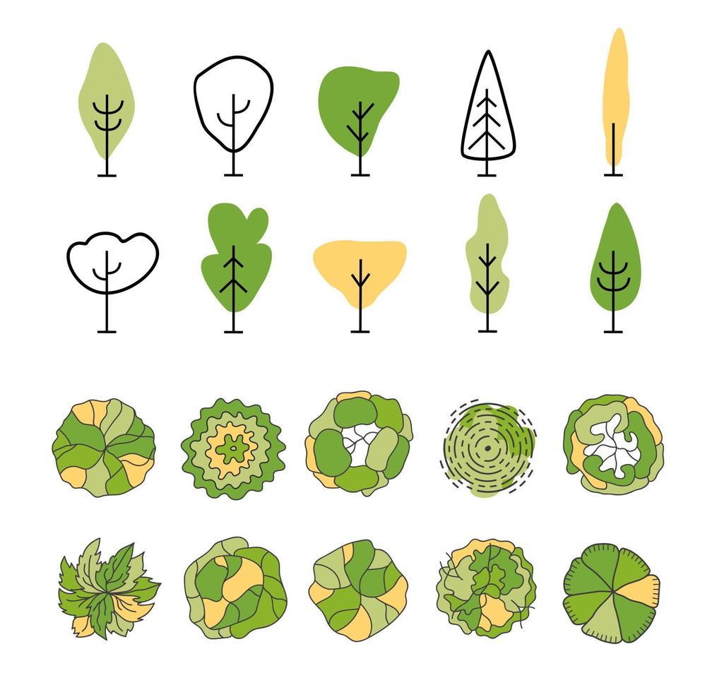 Tree for architectural floor plans. Entourage design. Various trees, bushes, and shrubs, top view for the landscape design plan. vector