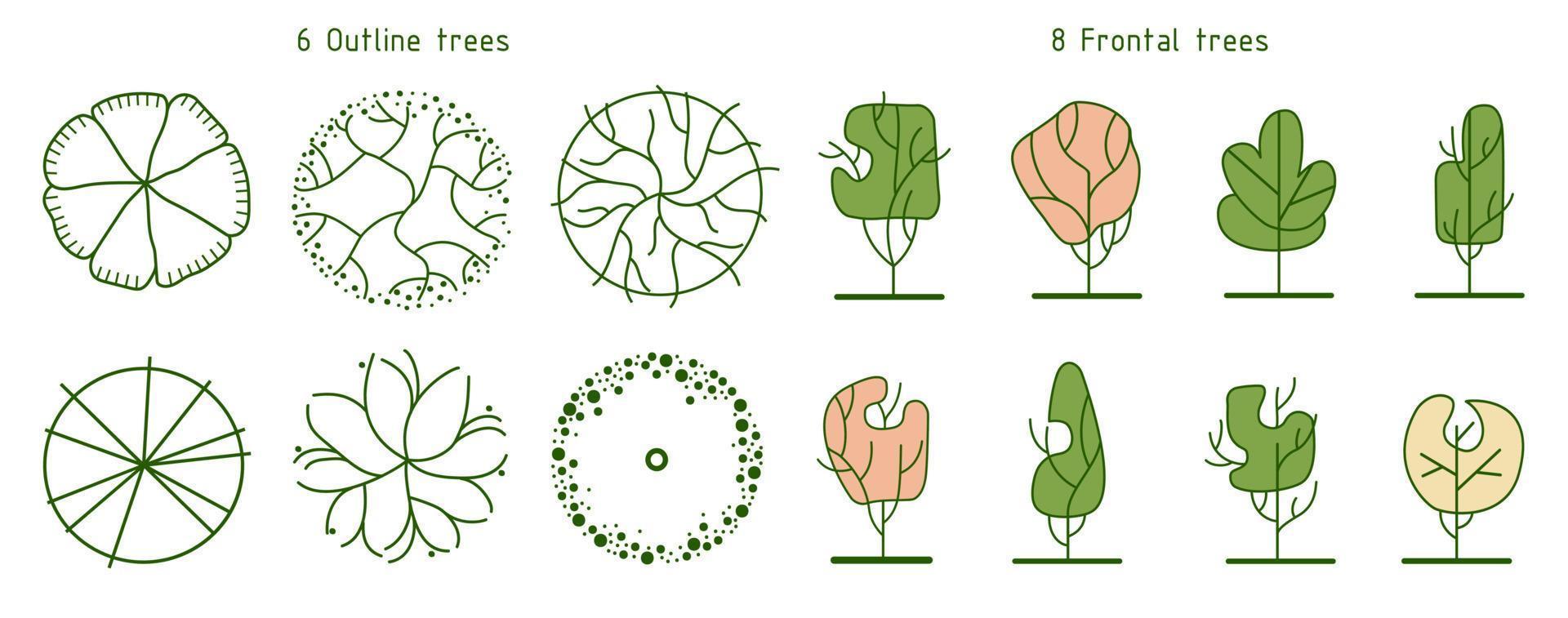 árboles para el plan maestro. planos de árboles para planos arquitectónicos o diseños de paisajes. vector