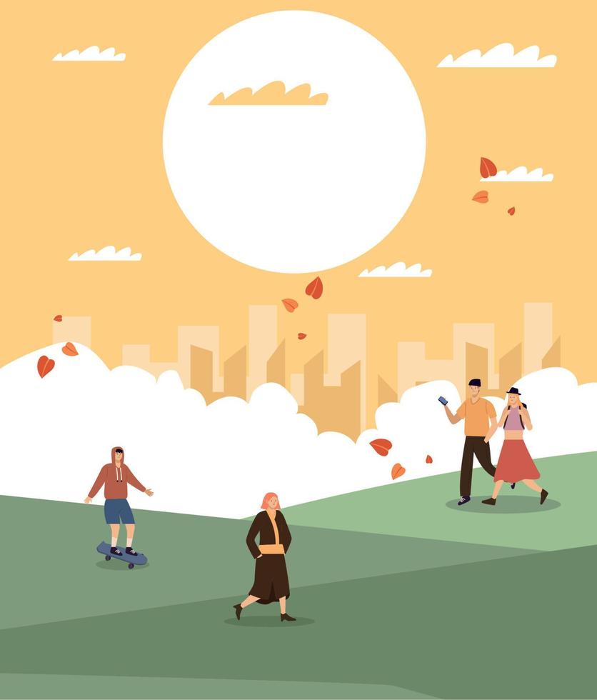 persons group walking in landscape vector