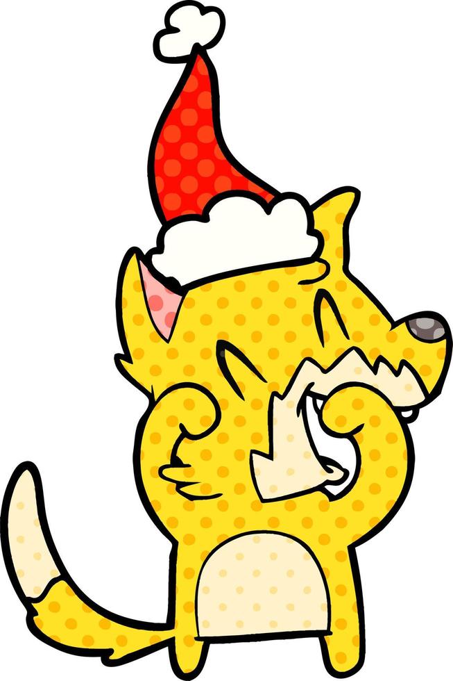 laughing fox comic book style illustration of a wearing santa hat vector