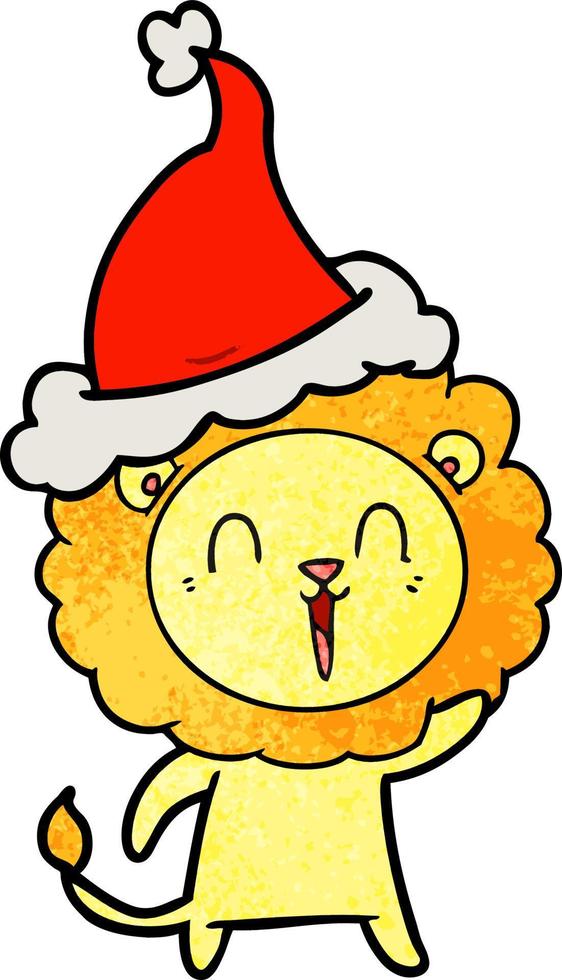 laughing lion textured cartoon of a wearing santa hat vector