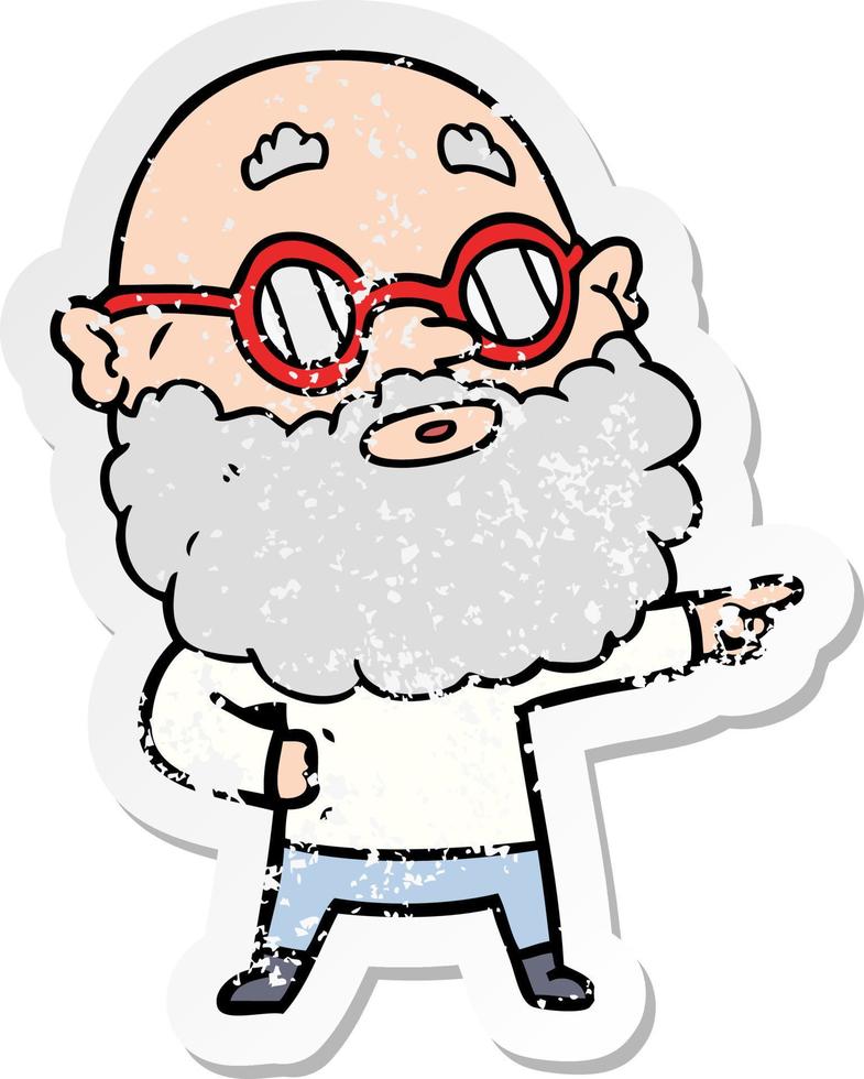 distressed sticker of a cartoon curious man with beard and glasses vector