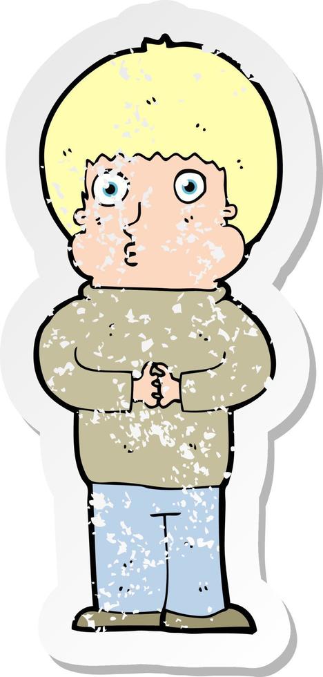 retro distressed sticker of a cartoon shy boy vector