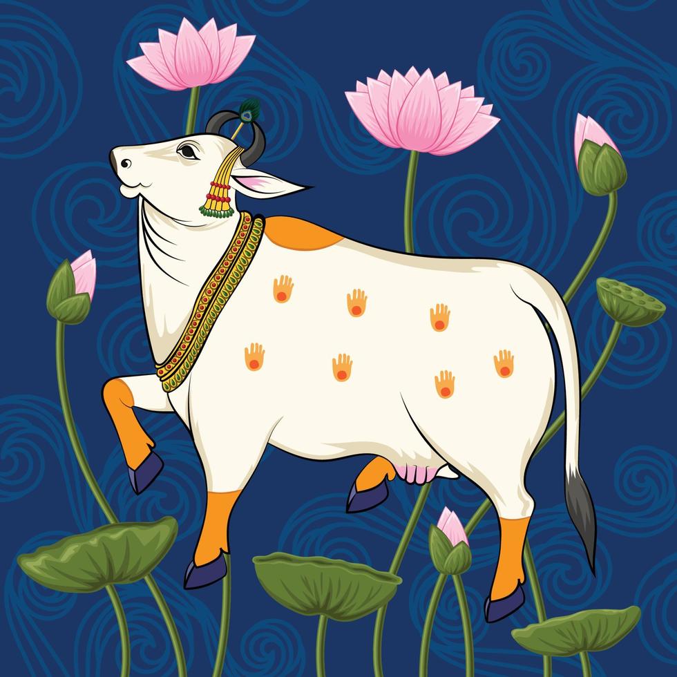 pintura tradicional india rajasthani vaca y loto en el fondo de la trama vector