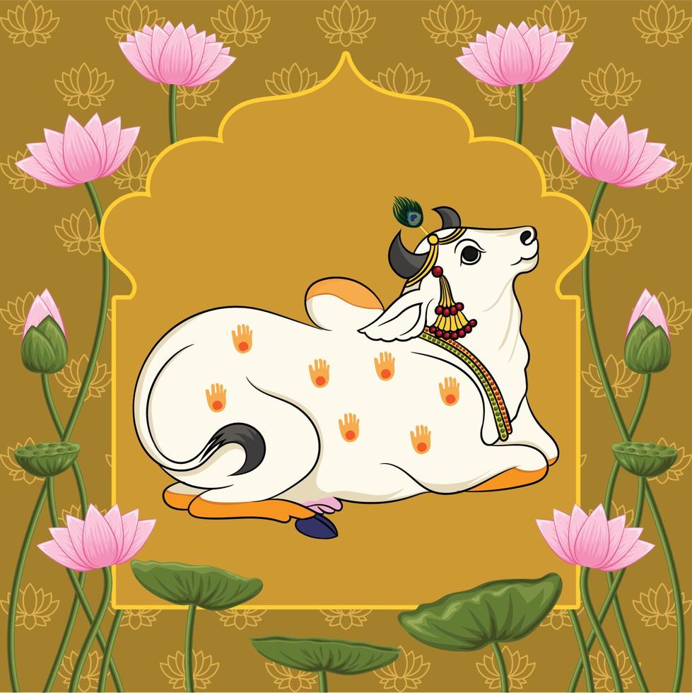 Indian Traditional Rajasthani Painting Cow in sitting Pose with Lotus Background vector