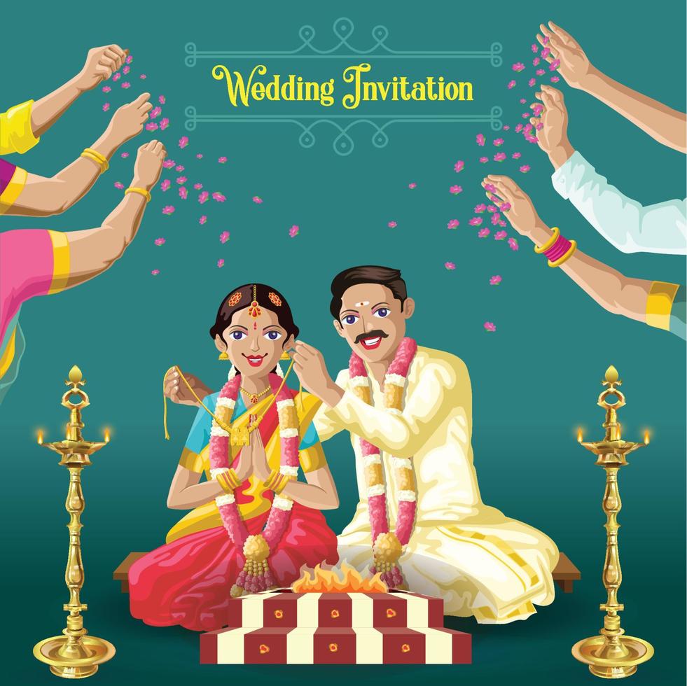 invitación de boda india tamil novia y novio con las manos derramando flores y bendiciones vector