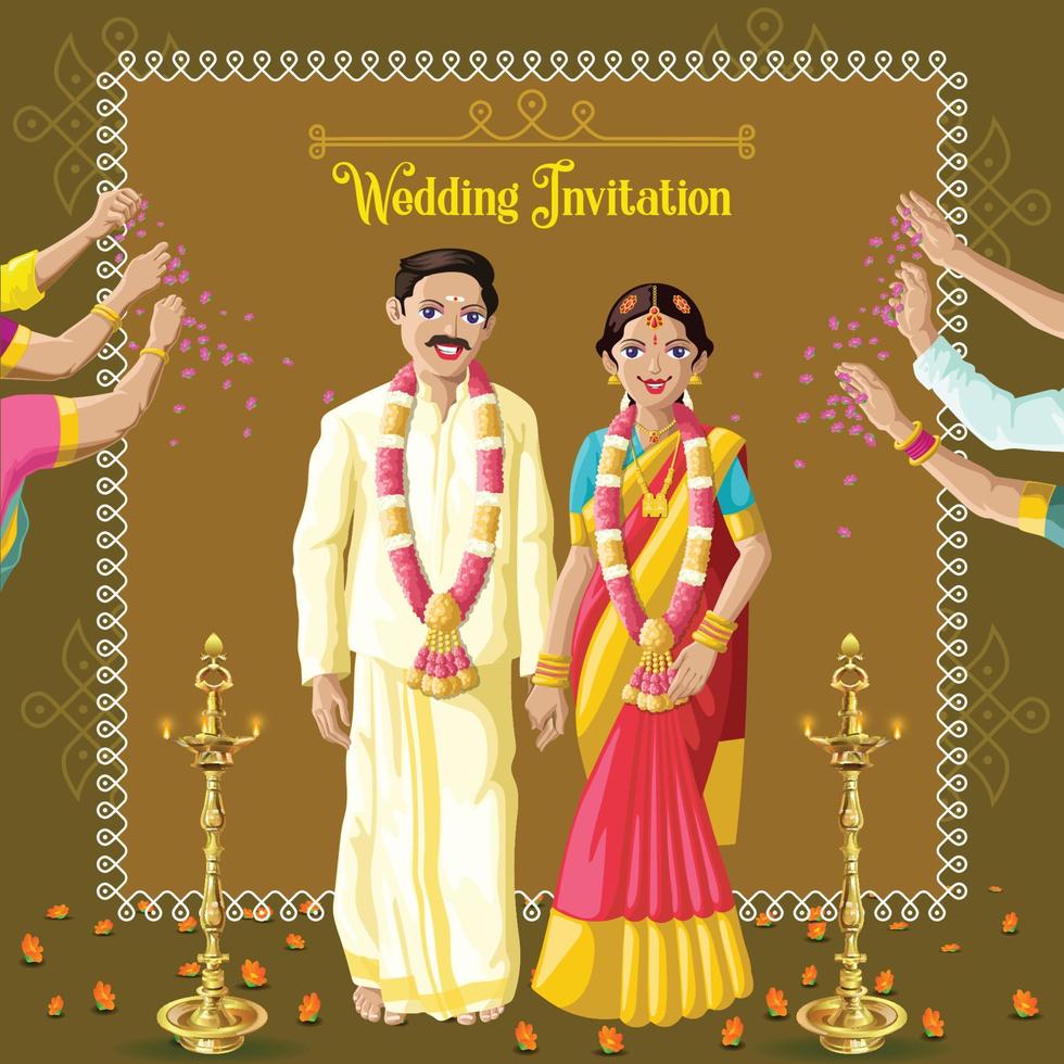 Indian Tamil wedding invitation bride and groom getting blessing from elders vector