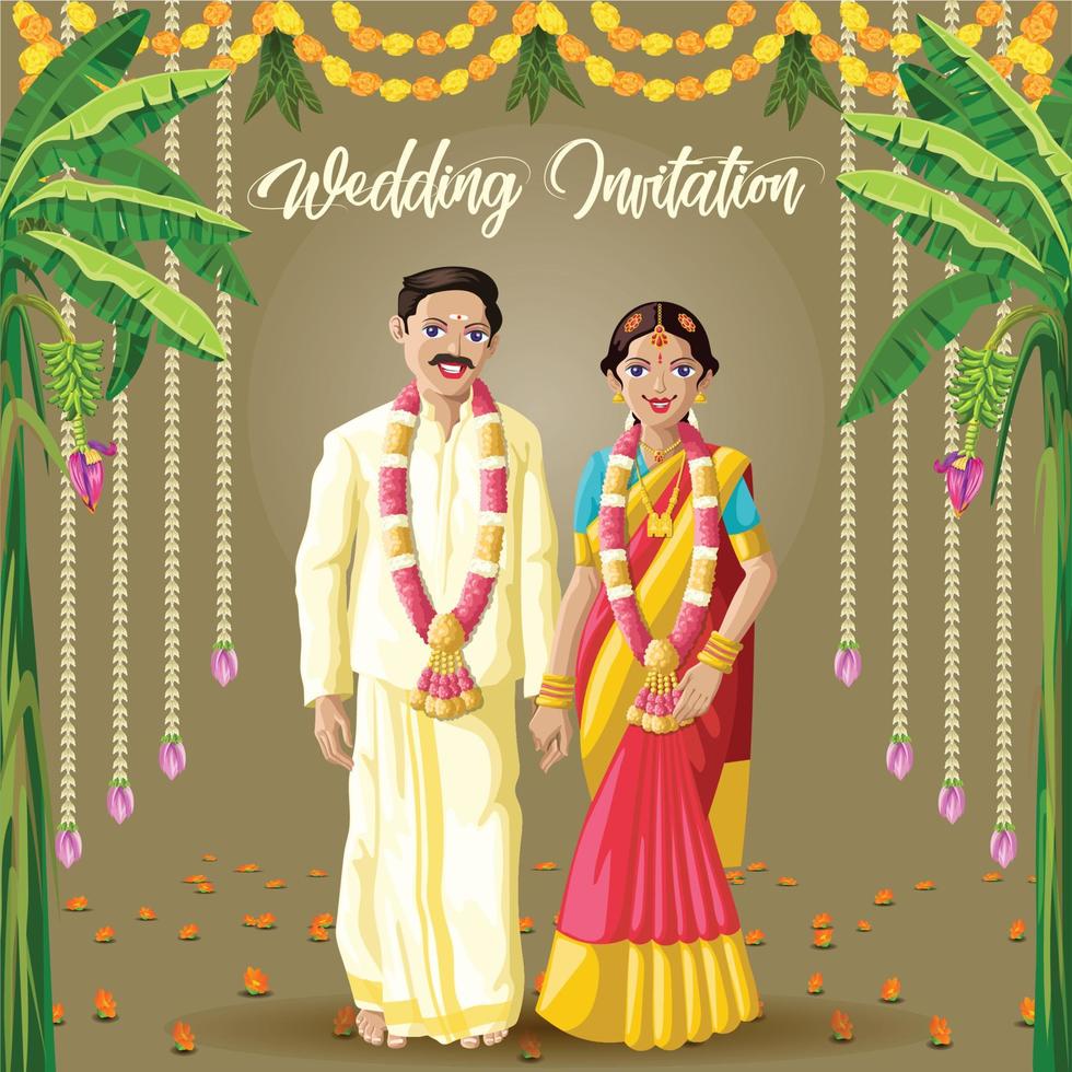 Indian Tamil wedding invitation card bride and groom vector