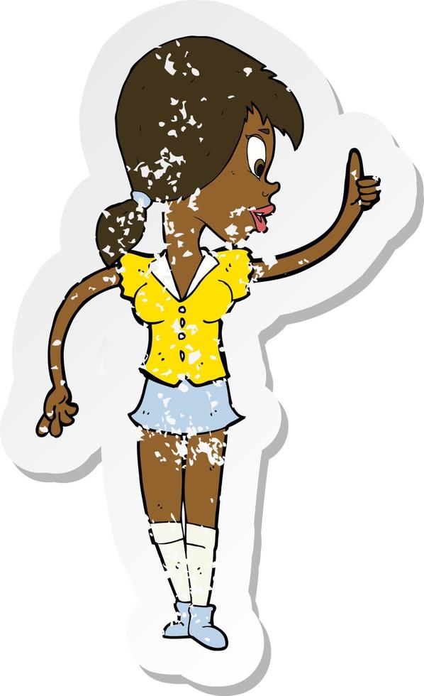 retro distressed sticker of a cartoon girl with idea vector