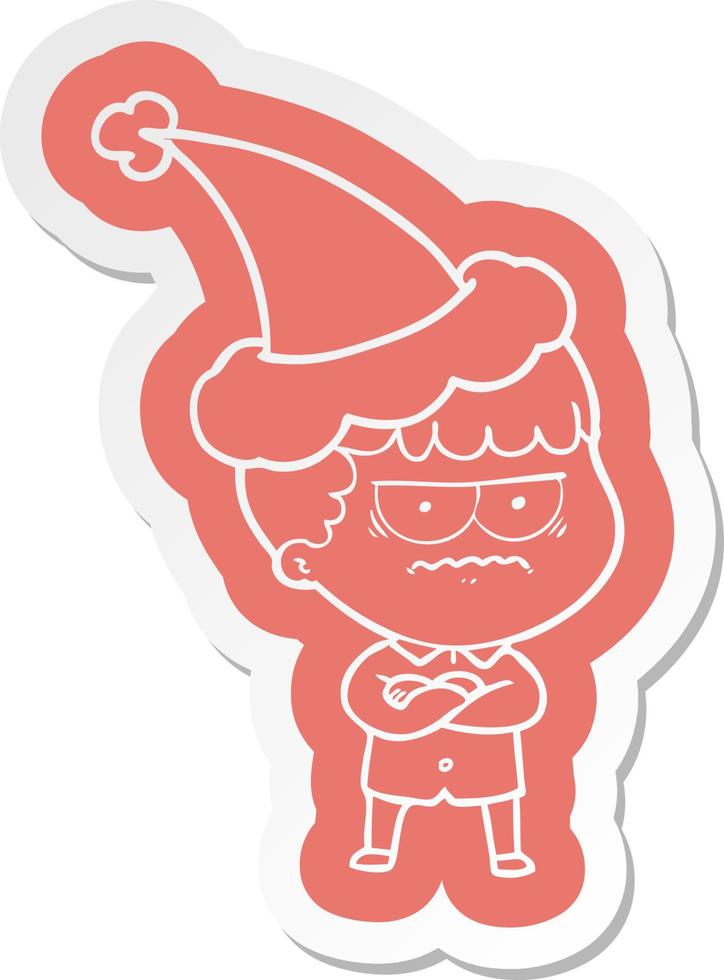 cartoon  sticker of an annoyed man wearing santa hat vector