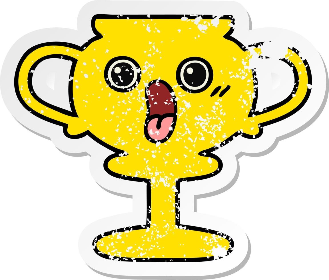 distressed sticker of a cute cartoon trophy vector
