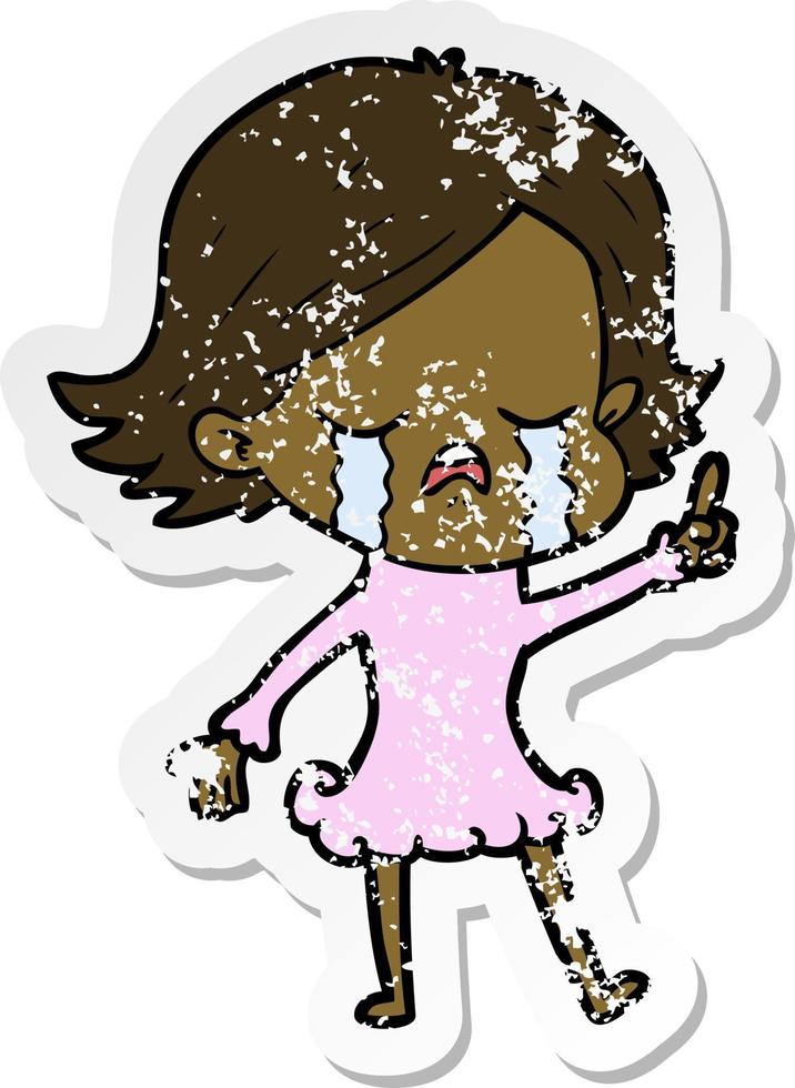 distressed sticker of a cartoon girl crying vector
