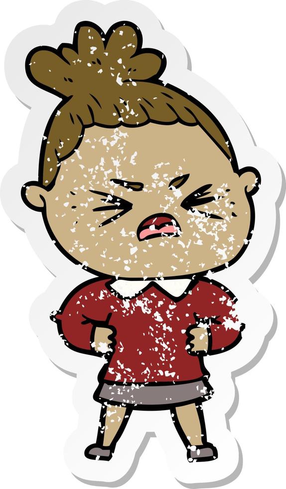 distressed sticker of a cartoon angry woman vector