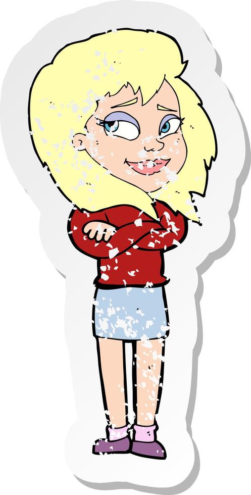 retro distressed sticker of a cartoon woman with crossed arms vector