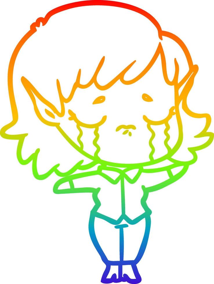 rainbow gradient line drawing cartoon crying elf girl vector