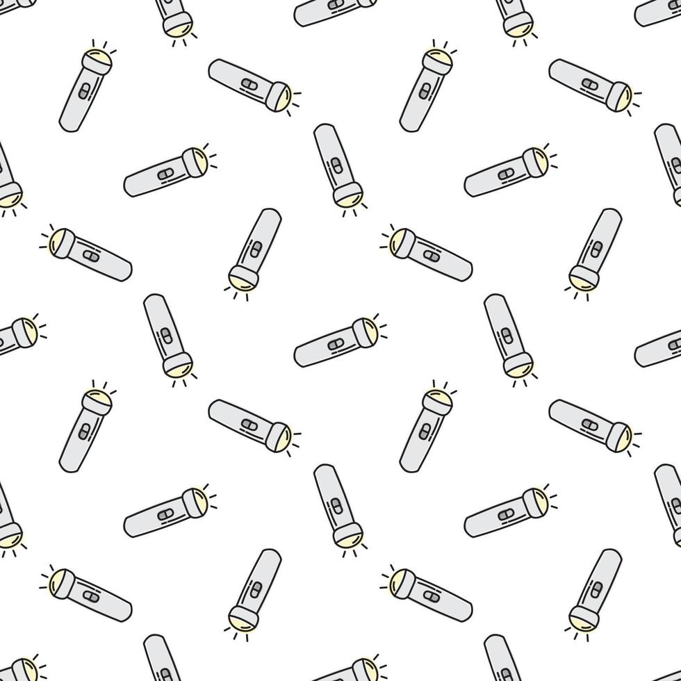 Flashlight hand drawn sketch. Seamless pattern. Cute torch seamless pattern in doodle style isolated on white. vector