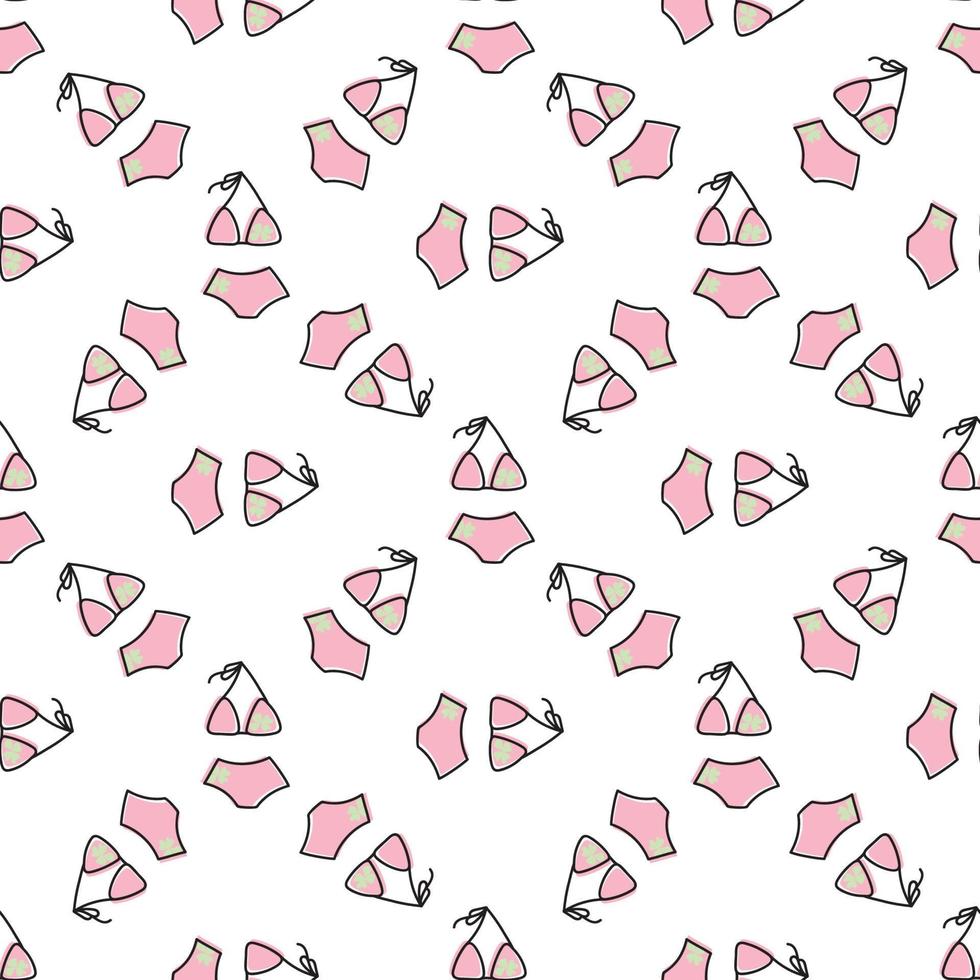 The pattern of swimsuits for the sea. Beachwear with colorful doodle background patterns. Beautiful swimwear, bra, bustier, bottom for textiles. Vector illustration