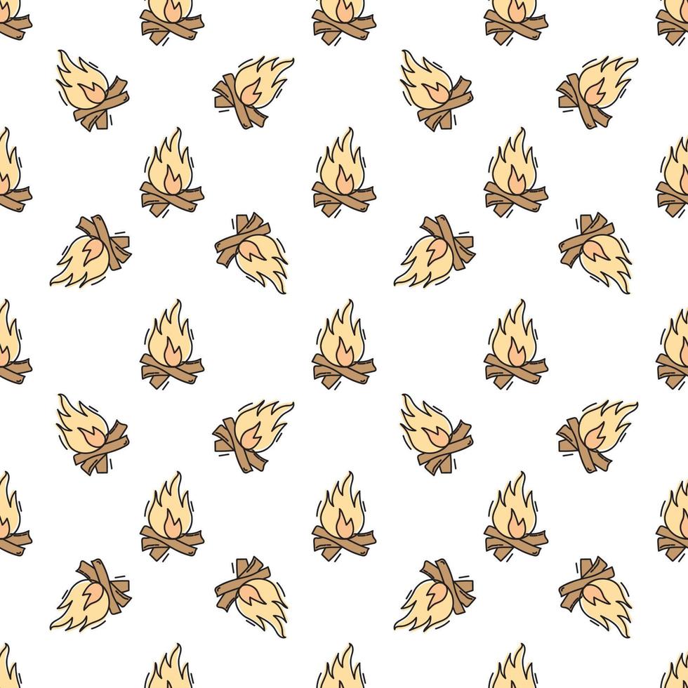Seamless pattern with burning campfire hand drawn doodle outline vector. Cute doodle vector pattern.