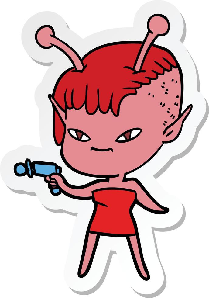 sticker of a cute cartoon alien girl vector