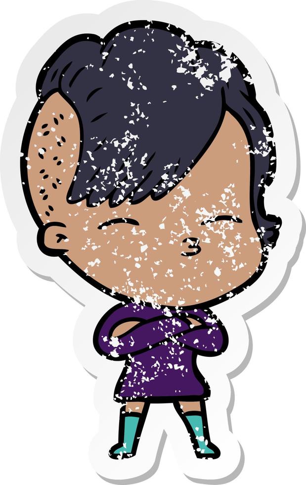 distressed sticker of a cartoon squinting girl vector