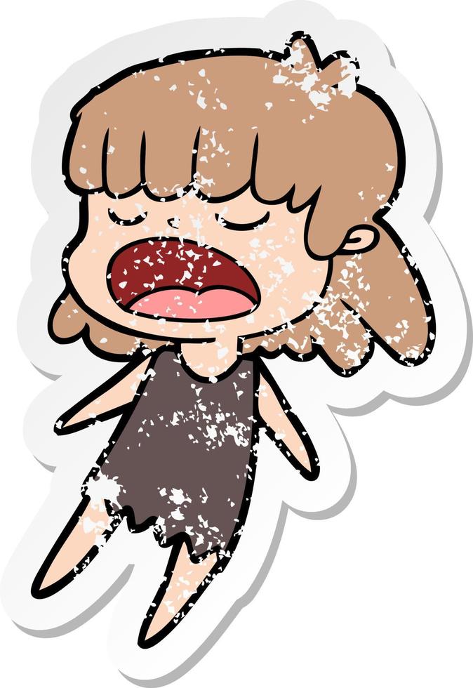 distressed sticker of a cartoon woman talking loudly vector