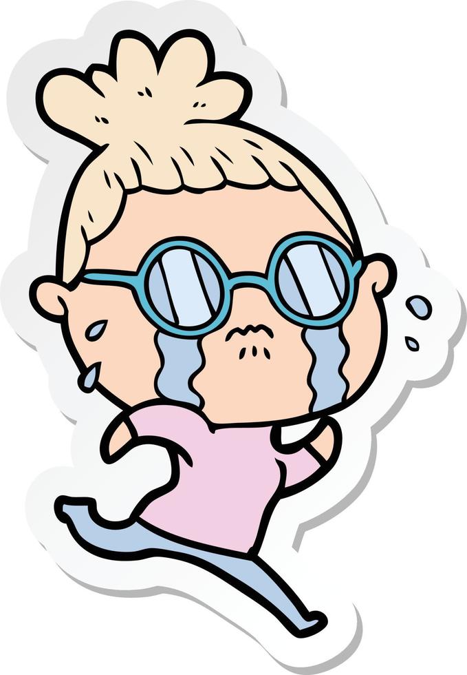 sticker of a cartoon crying woman wearing spectacles vector