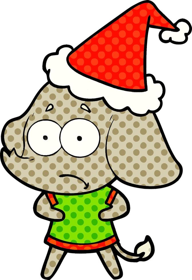 comic book style illustration of a unsure elephant wearing santa hat vector