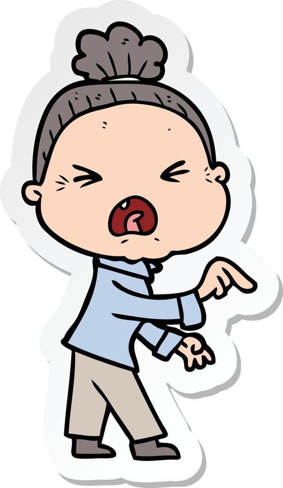 sticker of a cartoon angry old woman vector