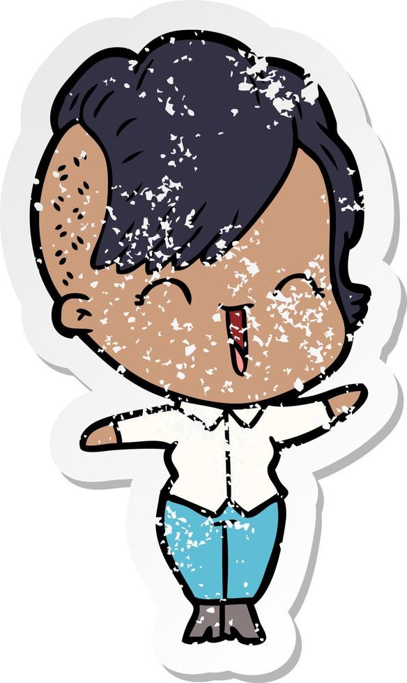 distressed sticker of a cartoon happy hipster girl vector