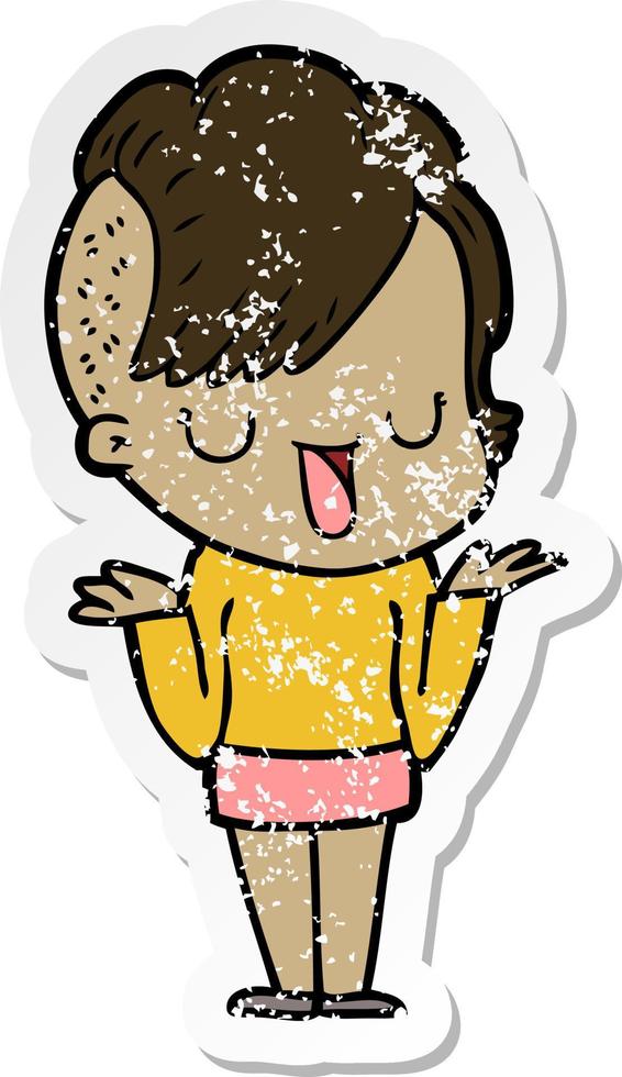 distressed sticker of a cute cartoon girl with hipster haircut vector