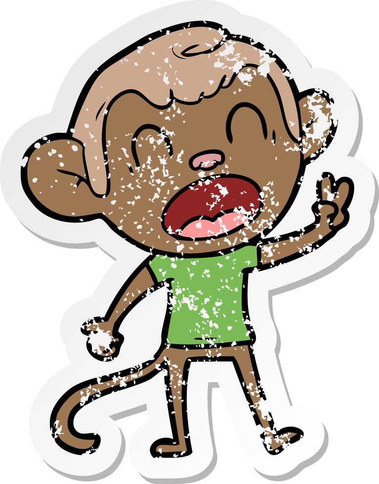 distressed sticker of a shouting cartoon monkey vector