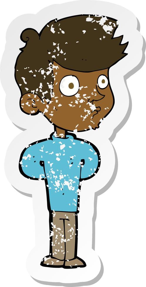 retro distressed sticker of a cartoon boy staring vector