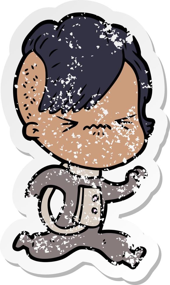 distressed sticker of a cartoon annoyed hipster girl wearing space suit vector