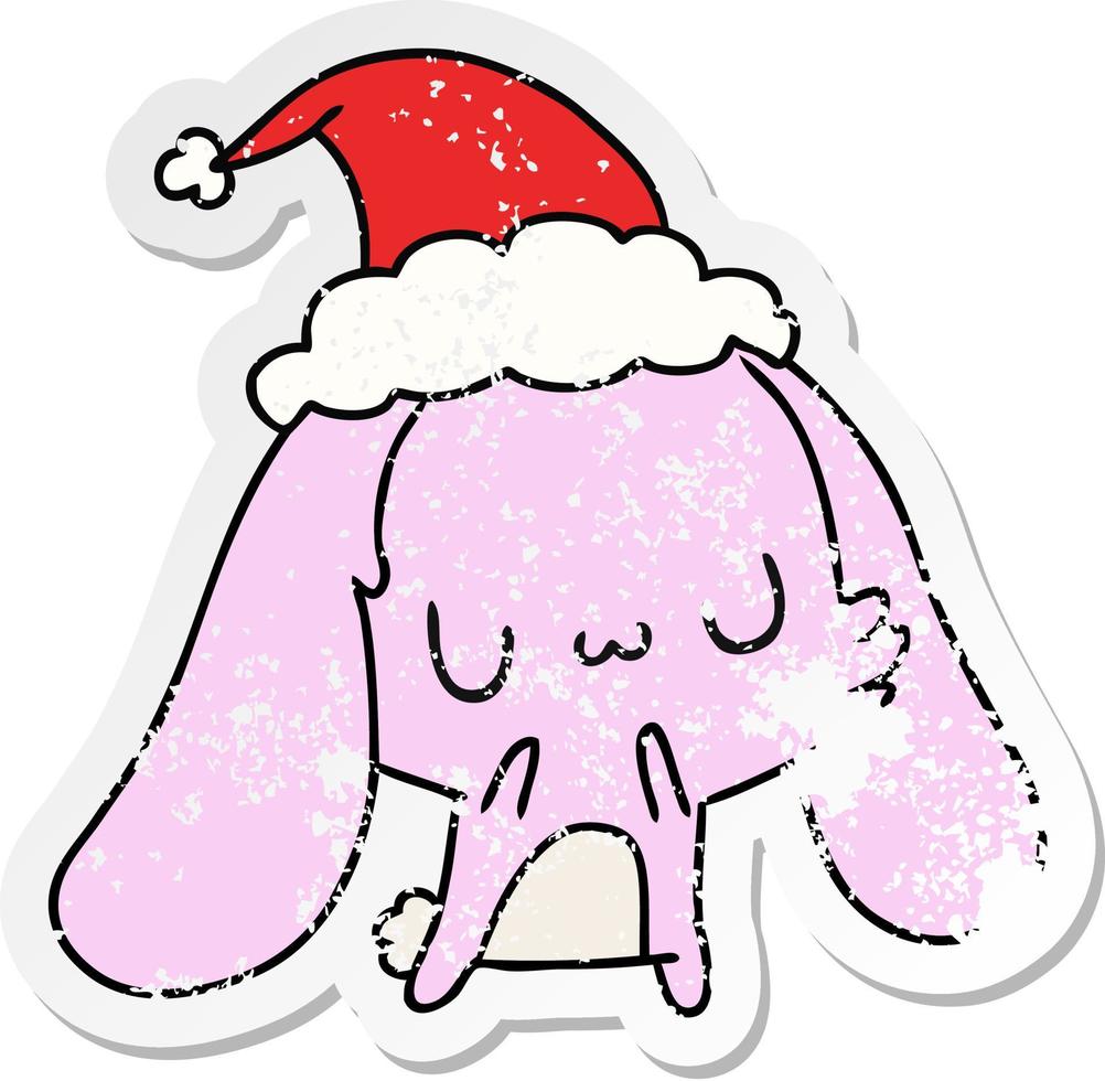 christmas distressed sticker cartoon of kawaii rabbit vector