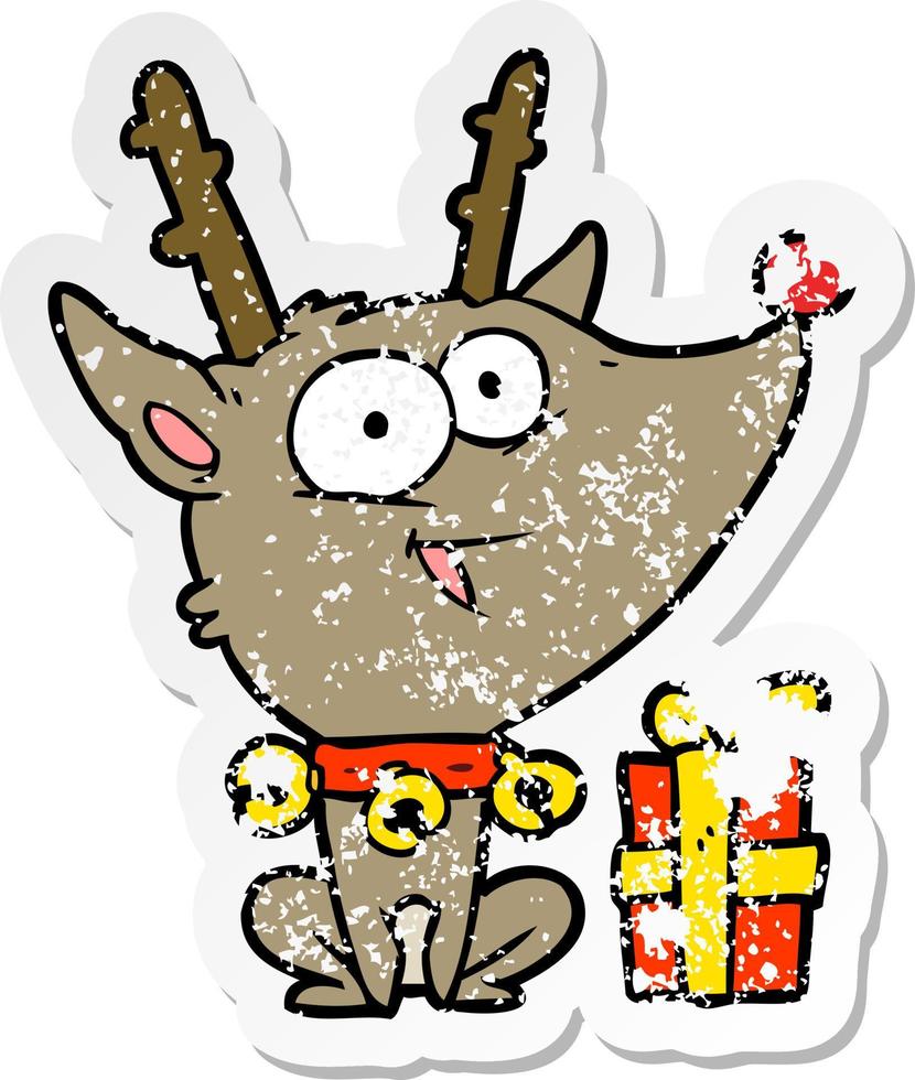 distressed sticker of a cartoon christmas reindeer vector
