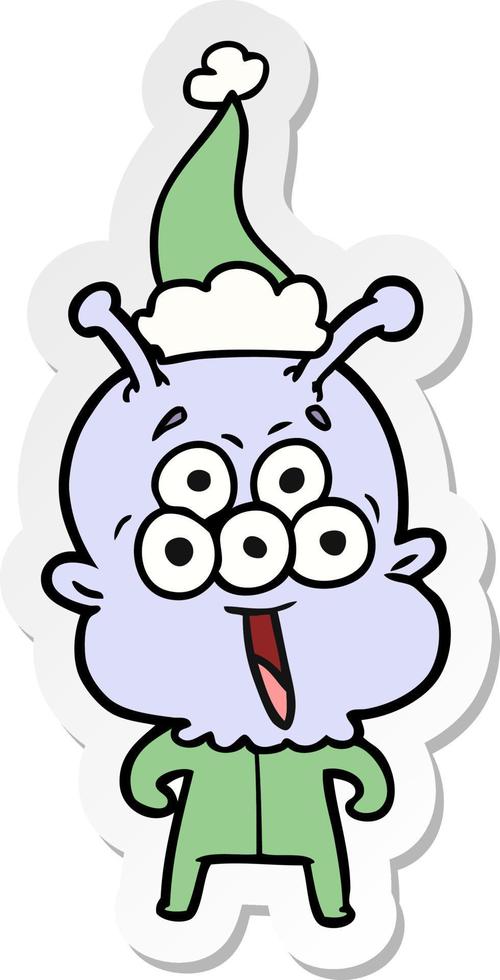 happy sticker cartoon of a alien wearing santa hat vector