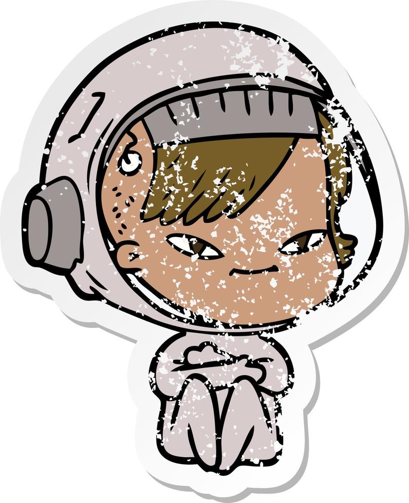 distressed sticker of a cartoon astronaut woman vector